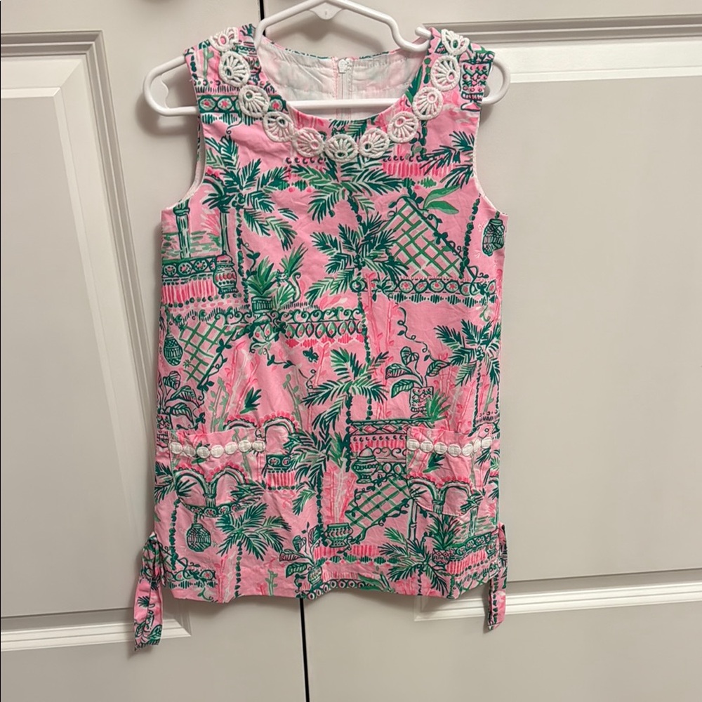 Pink and Green Sleeveless Dress with Floral Accents